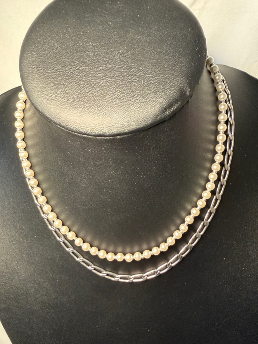 Banana Republic Silver Paperclip Chain & Pearl Layered Necklace